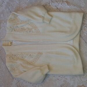 Elegant Angora Mix White Creamish  Embroidered Beaded Coat/Jacket Sz Large